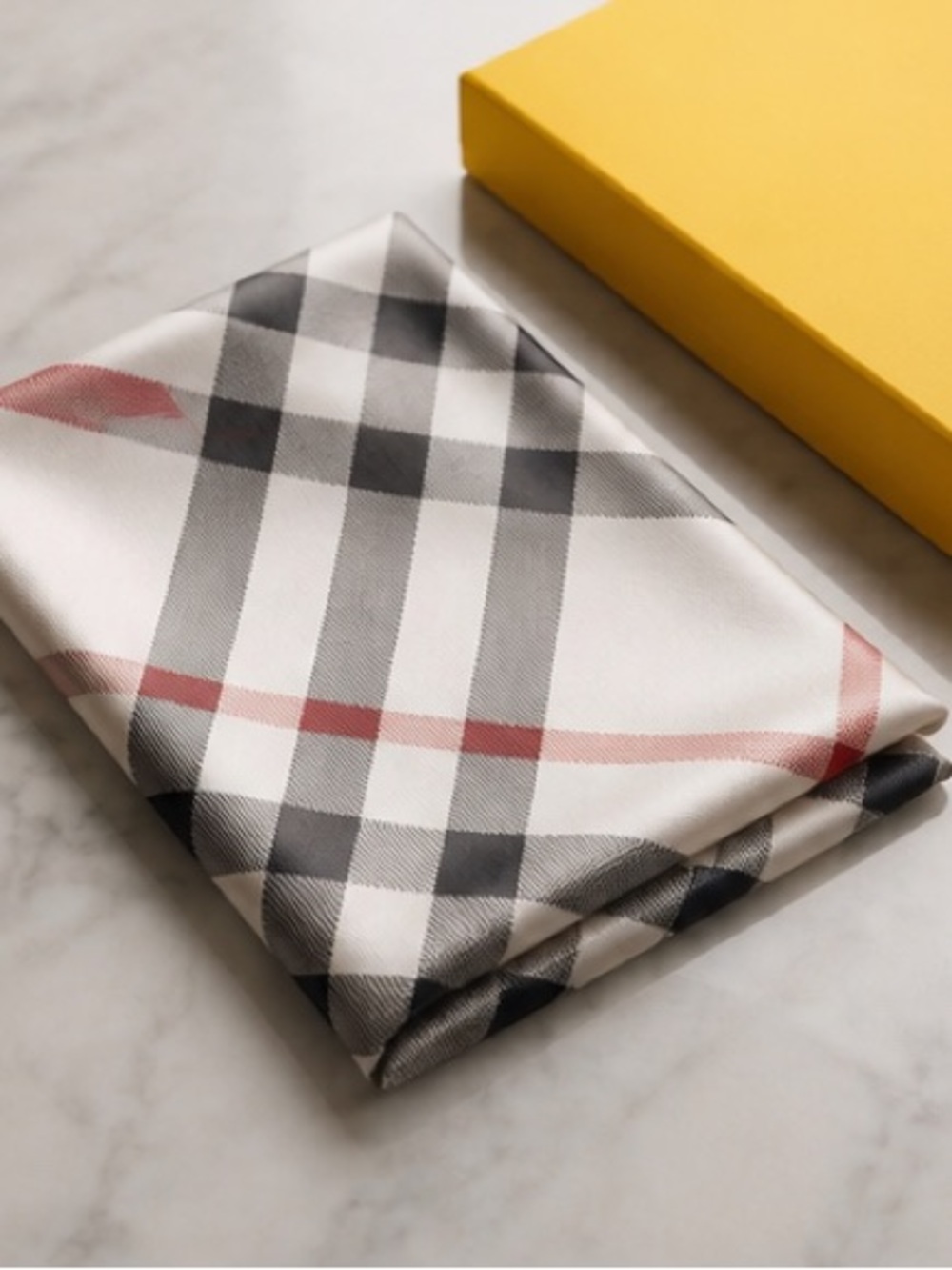 Authentic Burberry  Plaid Silk Pocket Square - White, Black & Red